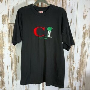 Hefty, Cayman Islands Embroidered Black Graphic Tee with Palm Design. Size XL.